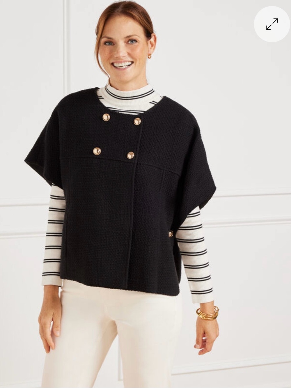 Talbots Black Short-Sleeve Textured Poncho with Gold Buttons